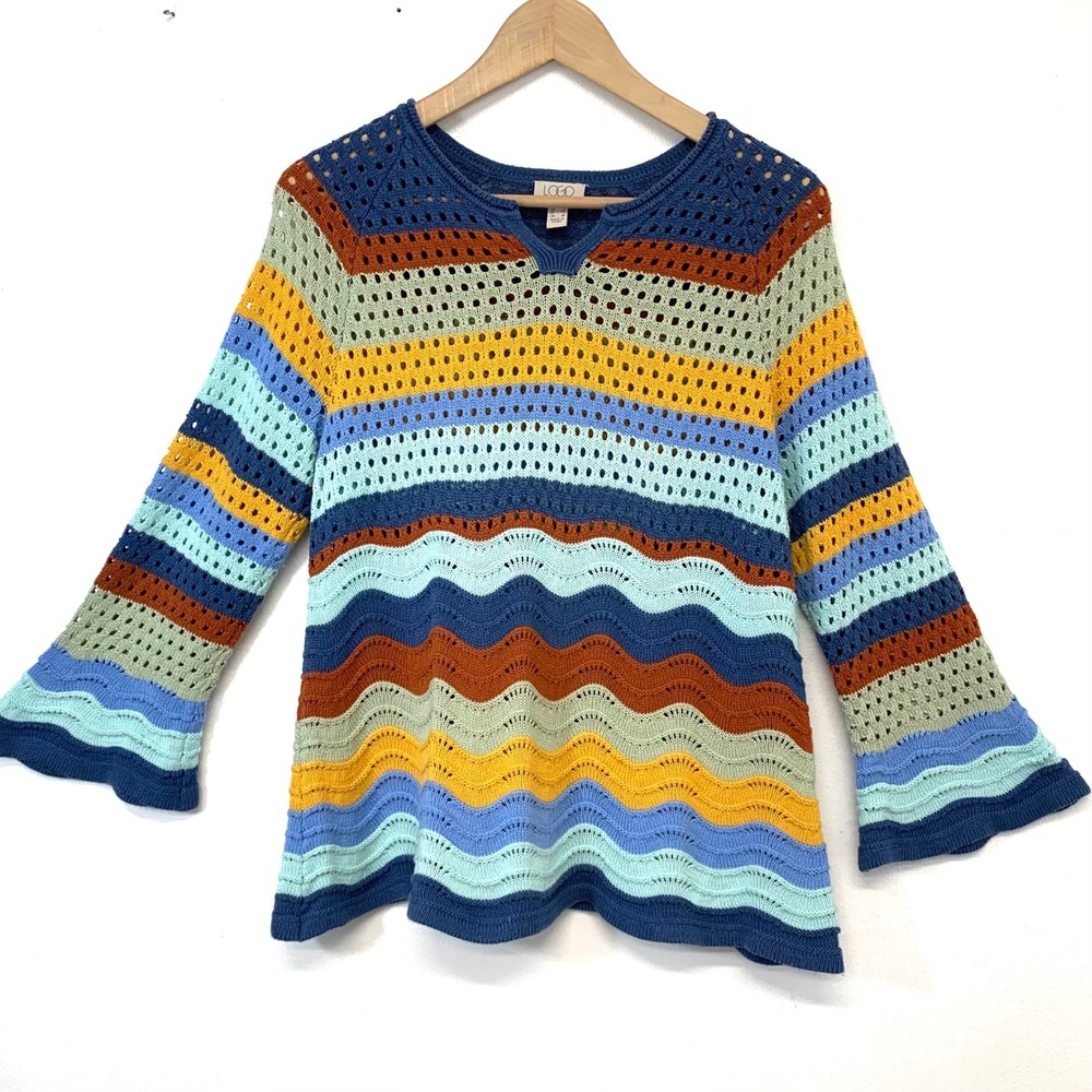 LOGO Lori Goldstein Crochet Knit Sweater Multi Color Striped Boho Bell Sleeve XS